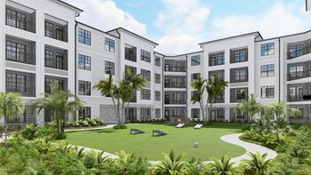 A rendering of a modern apartment complex with a landscaped courtyard at The Stadler Luxury Apartments, Bradenton, Florida